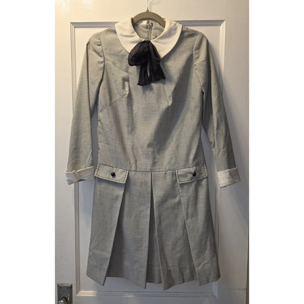 Vintage 1960s Mod Drop-Waist Dress Peter Pan Collar Bow Grey ILGWU Union Made S.